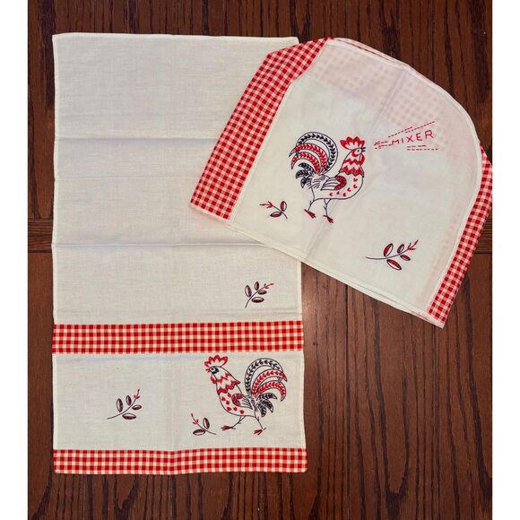 Vintage SET Red Black White Rooster Towel and Stand Mixer Cover - Picture 2 of 5